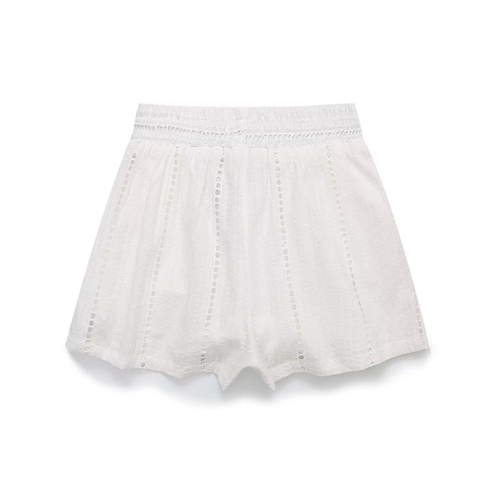 Lola | White Shorts Linen High Waisted Elasticated Broderie Detail