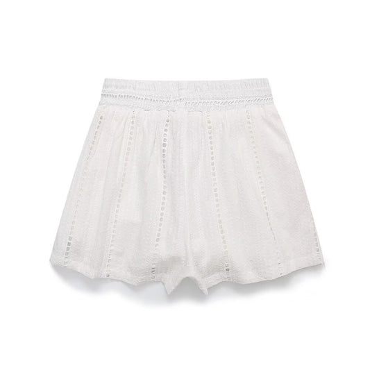 Lola | White Shorts Linen High Waisted Elasticated Broderie Detail