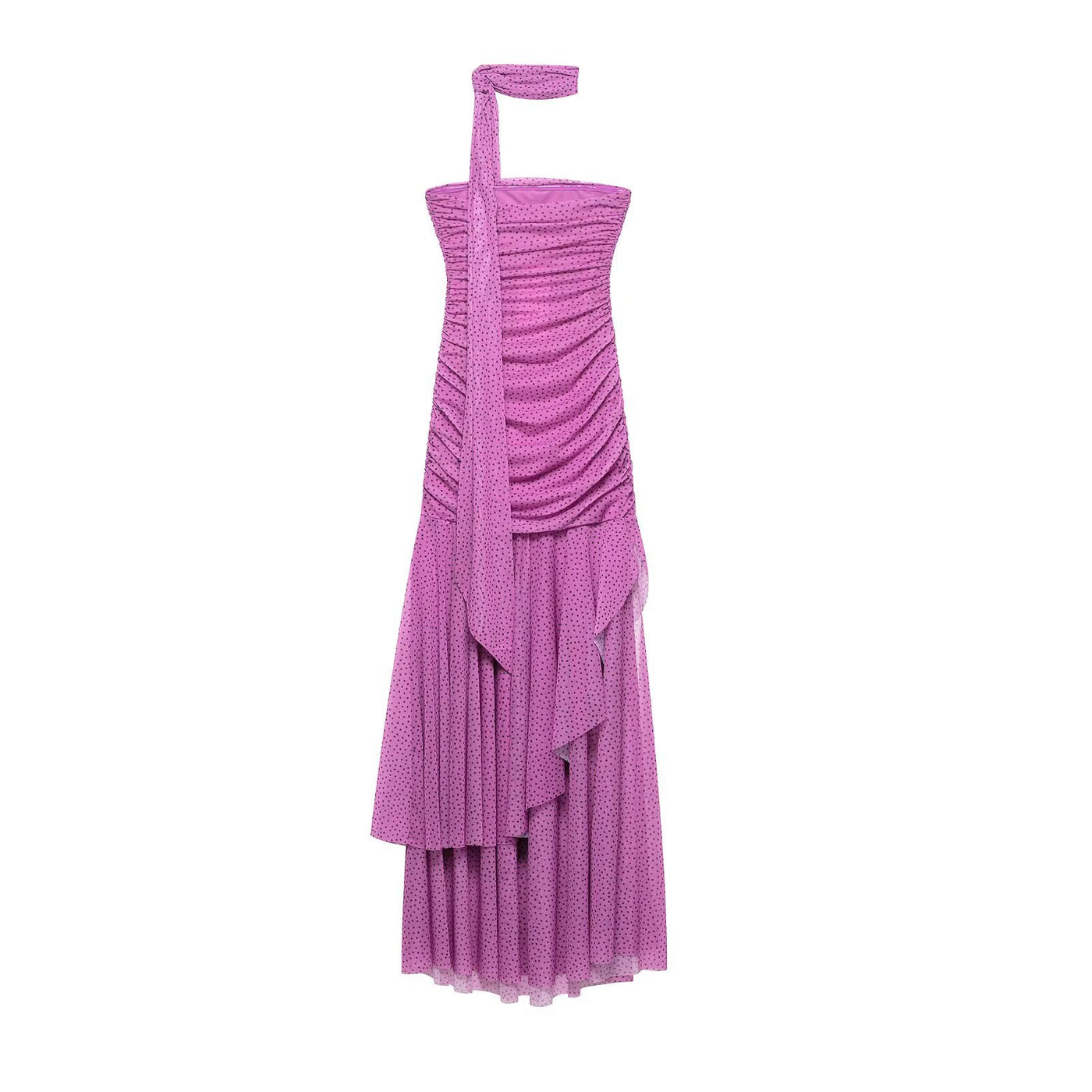 Alyssa | Polka Dot Ruched Bodice Asymmetric Chiffon Dress