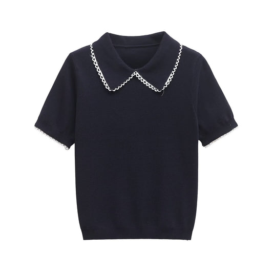 Millie | Charming Knit Short Sleeve Scallop Collar Top