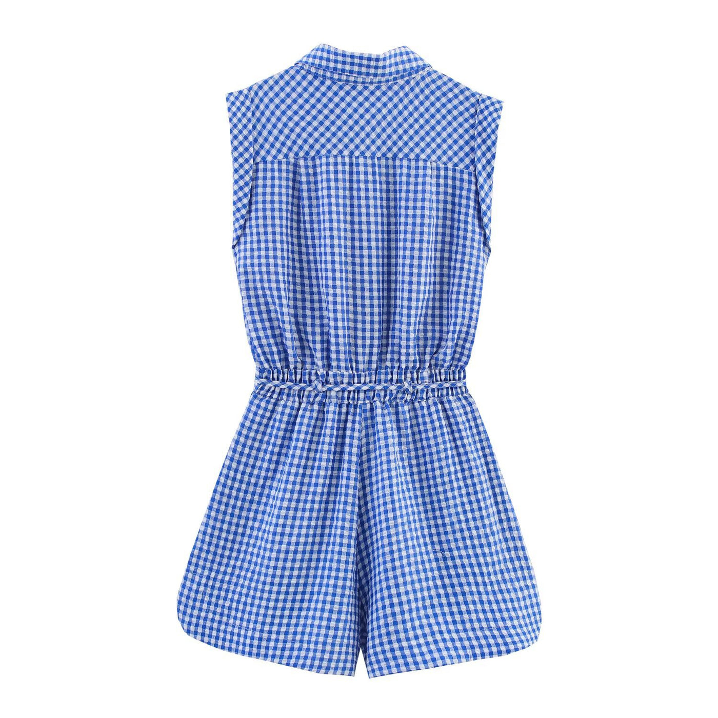 Bethany | Checked Cotton Shirt Romper in Blue