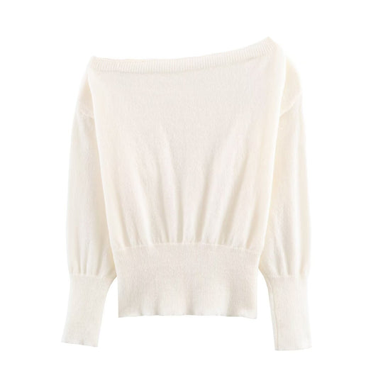Maren | Elegant Off Shoulder Sweater Cream Knitted Long Sleeve