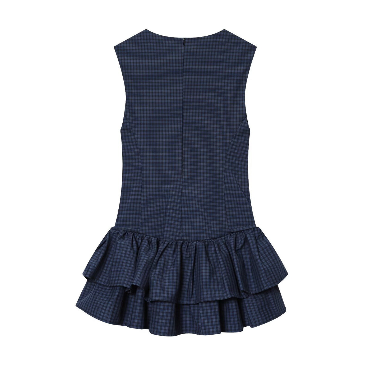 Olivia | Crew Neck Tiered Ruffle Eyelet Detail Checked Mini Dress