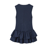 Olivia | Crew Neck Tiered Ruffle Eyelet Detail Checked Mini Dress