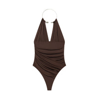 Margot | Metal Choker Halter Top with Ruching in Black & Brown