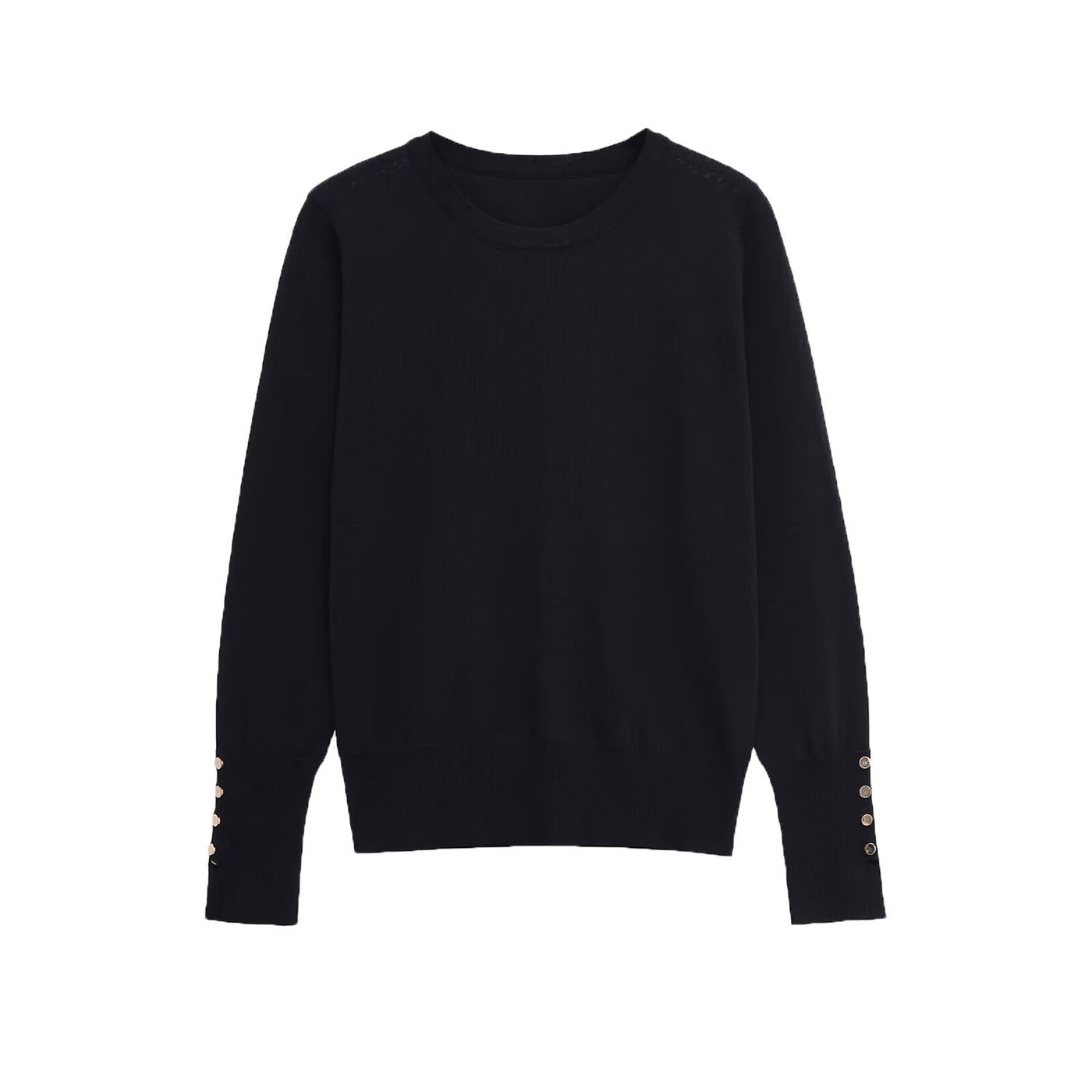 Bella | Gold Button Cuff Crew Neck Long Sleeve Fitted Lightweight Knit Top