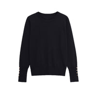 Bella | Gold Button Cuff Crew Neck Long Sleeve Fitted Lightweight Knit Top