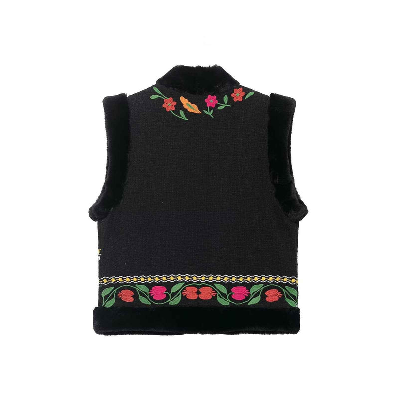 Sia | Embroidered Faux Fur Vest Black Sleeveless Floral
