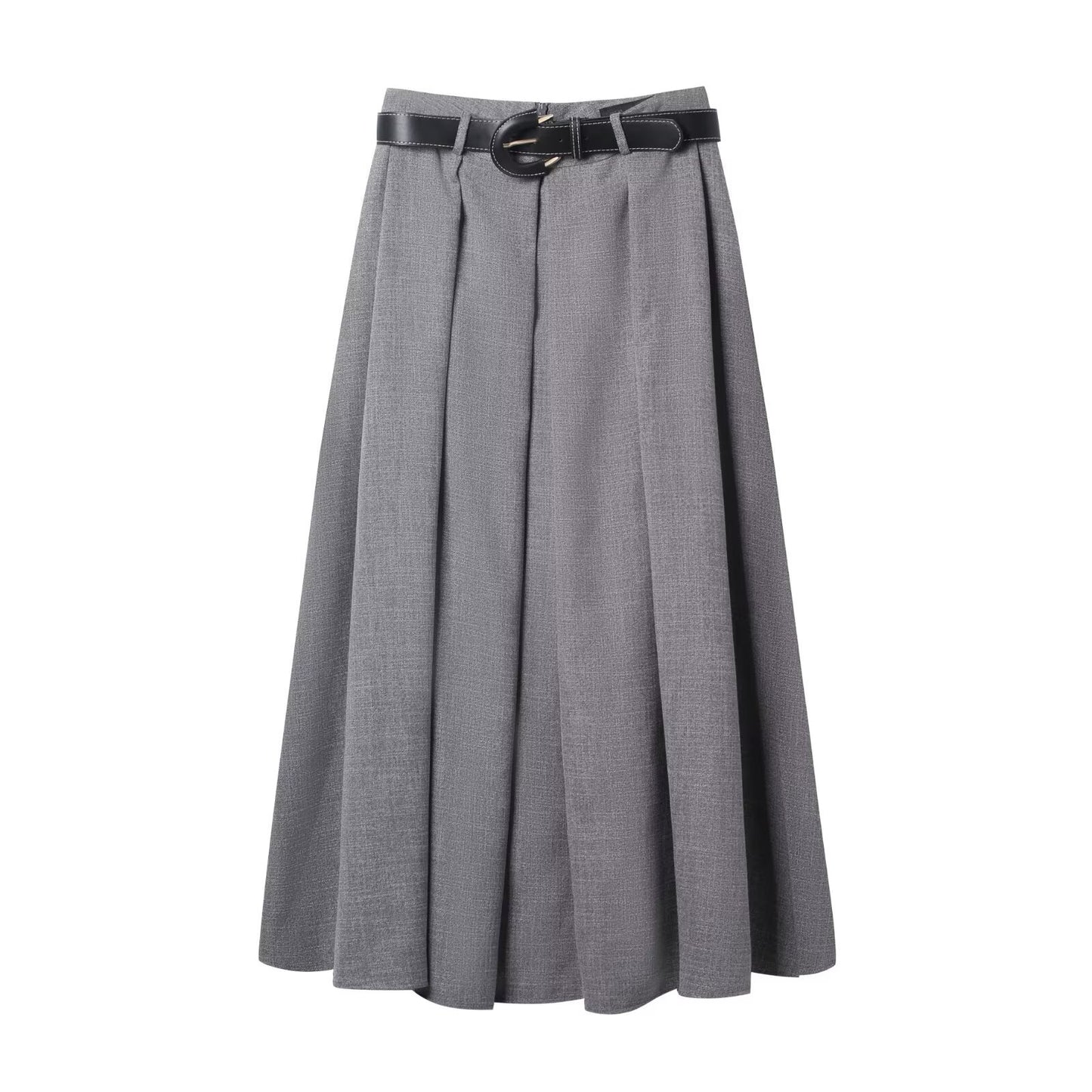 Bea | Pleated Midi Skirt Grey Belted High Waisted A Line Tailored