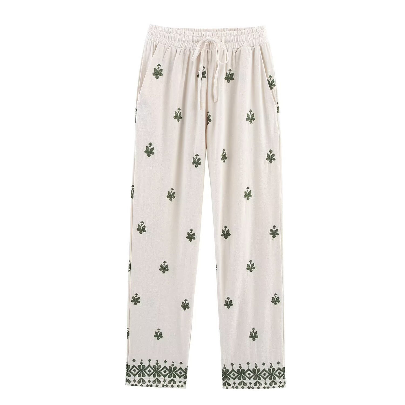 Hazel | Embroidered Drawstring Geometric Hem Wide-Leg Linen Trousers in Cream