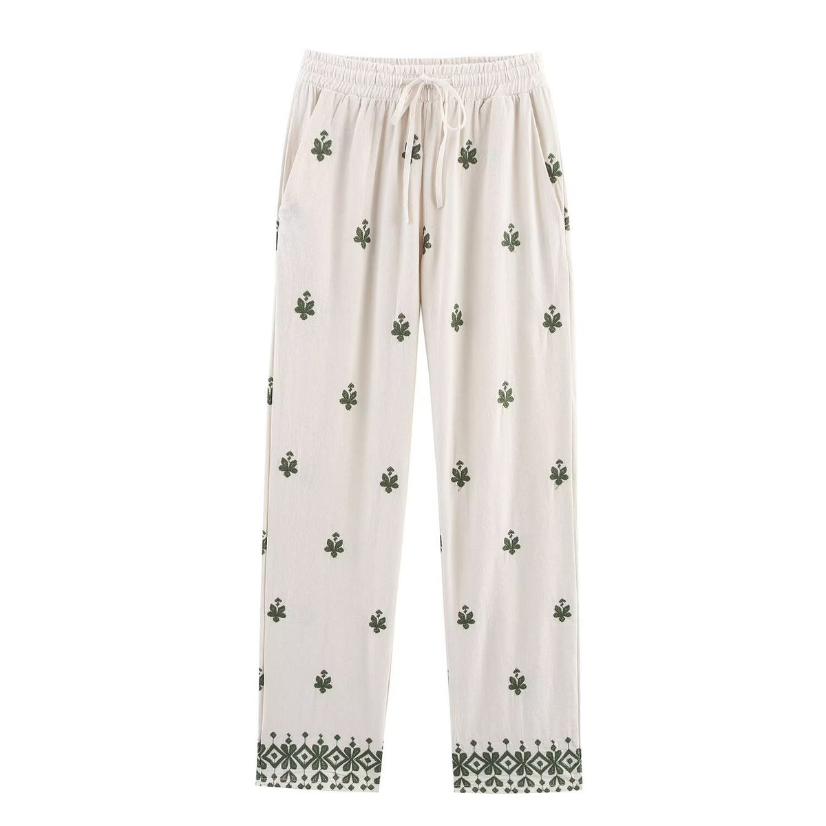 Hazel | Embroidered Drawstring Geometric Hem Wide-Leg Linen Trousers in Cream