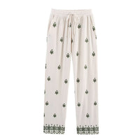 Hazel | Embroidered Drawstring Geometric Hem Wide-Leg Linen Trousers in Cream