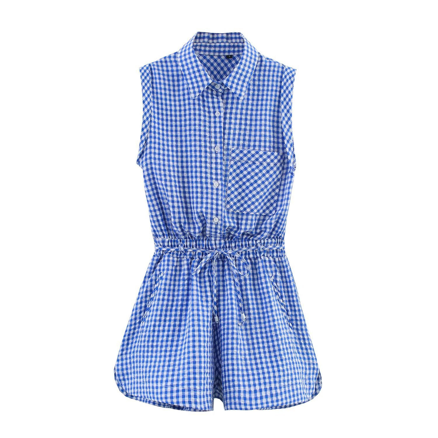 Bethany | Checked Cotton Shirt Romper in Blue