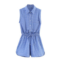 Bethany | Checked Cotton Shirt Romper in Blue
