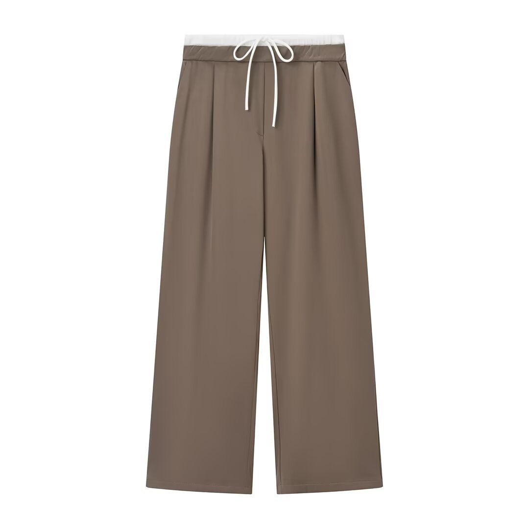 Rosie | Drawstring Pleat-Front Jersey Wide-Leg Trousers with Contrast Waistband