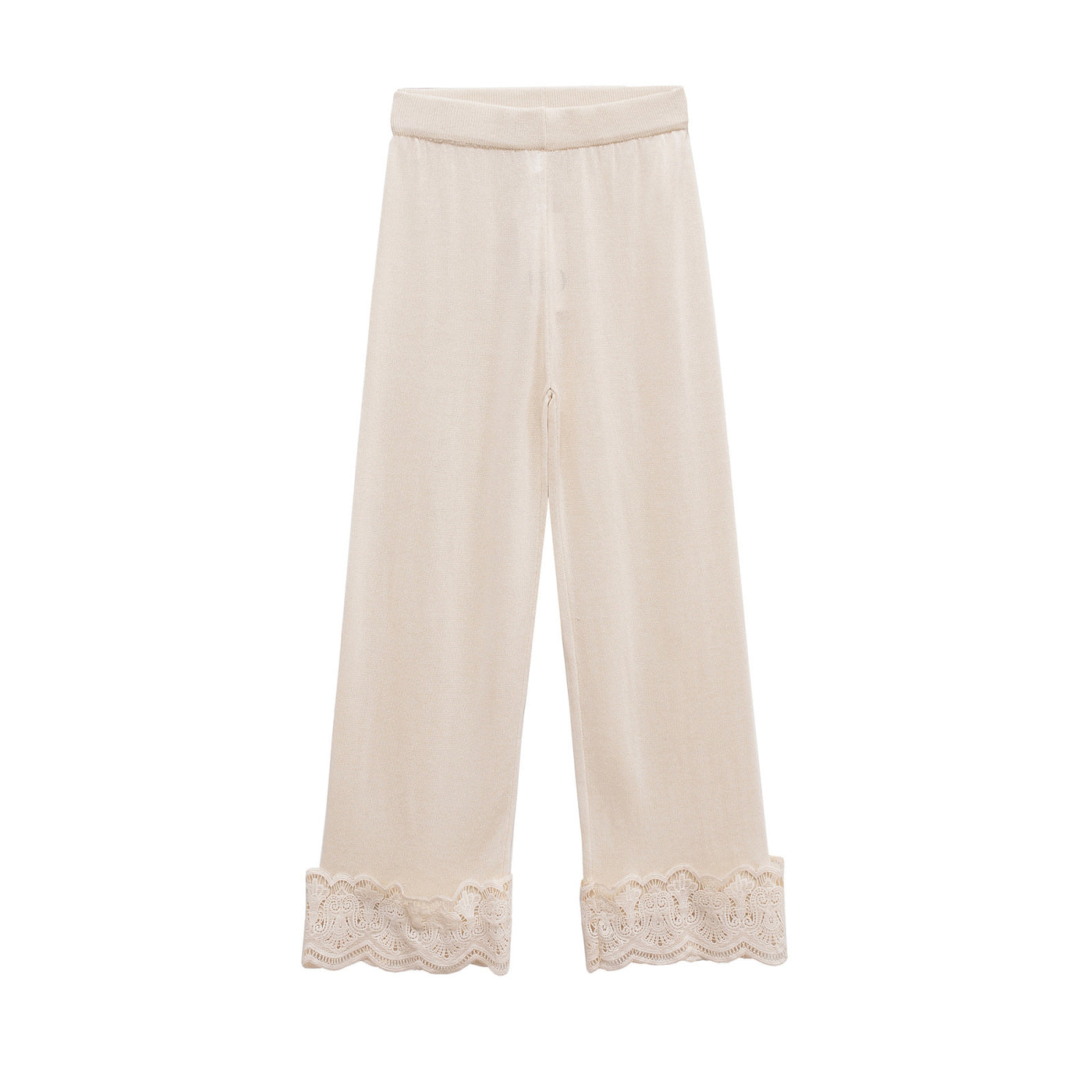Rosa | Lace Hem Elasticated Waist Brushed Terry Wide-Leg Trousers in Cream