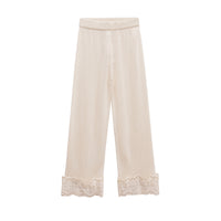 Rosa | Lace Hem Elasticated Waist Brushed Terry Wide-Leg Trousers in Cream