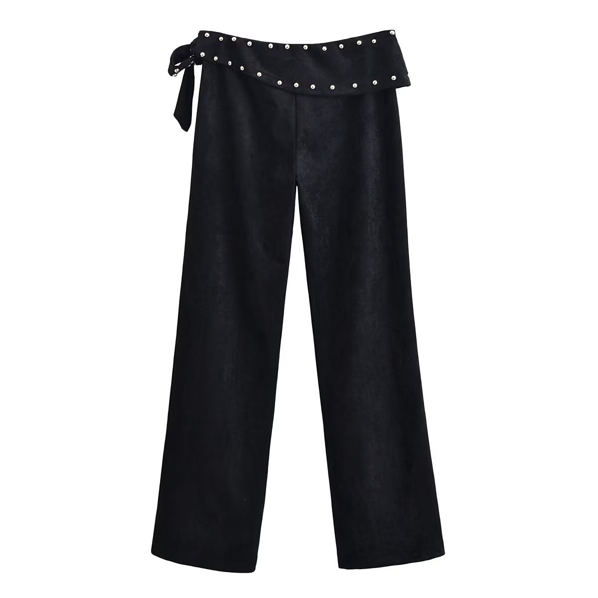Mia | Studded Wrap Waistband Side-Tie Wide-Leg Jersey Trousers in Black