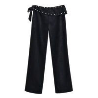 Mia | Studded Wrap Waistband Side-Tie Wide-Leg Jersey Trousers in Black