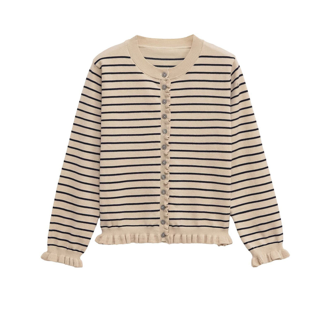 Sienna | Ruffle Trim Button Front Crew Neck Ruffled Cuff Cropped Knit Cardigan