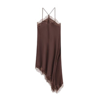 Primrose | Lace Trim V-Neck Spaghetti Strap Asymmetric Hem Satin Slip Midi Dress