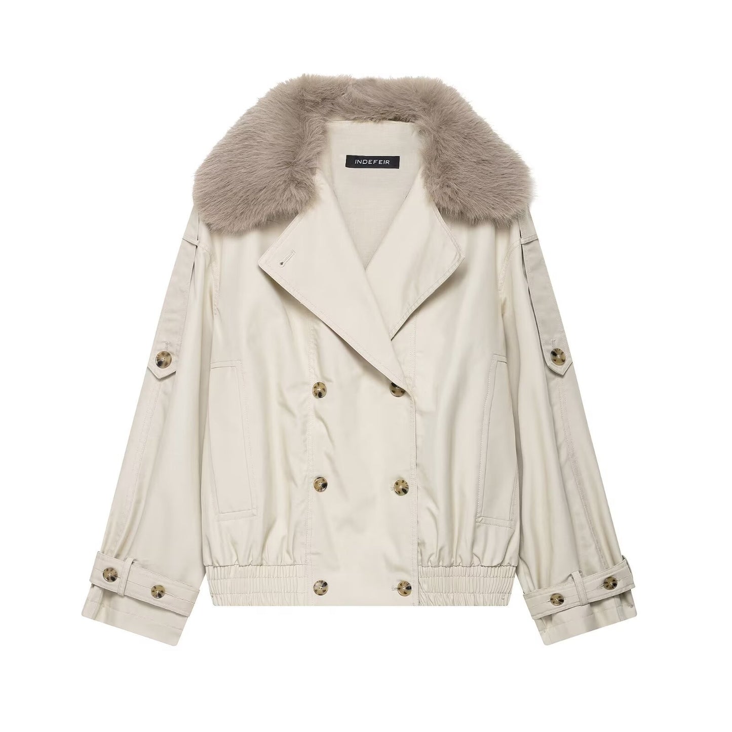 Neve | Double Breasted Trench Coat Cream Faux Fur Collar