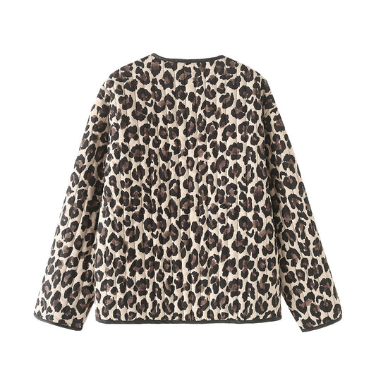 Aria | Quilted Jacket Leopard Print Brown Beige Collarless Zip Up