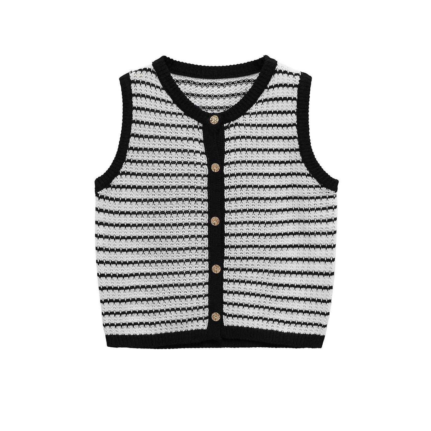 Cora | Striped Knit Cardigan Black White Sleeveless Button Front