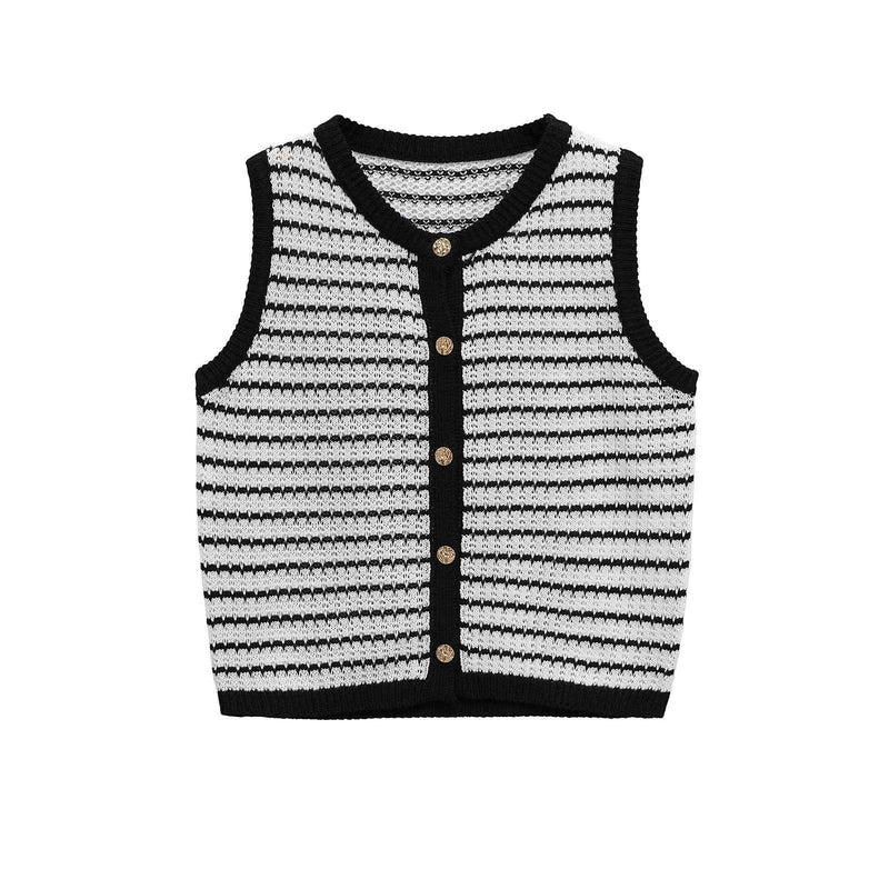 Cora | Striped Knit Cardigan Black White Sleeveless Button Front