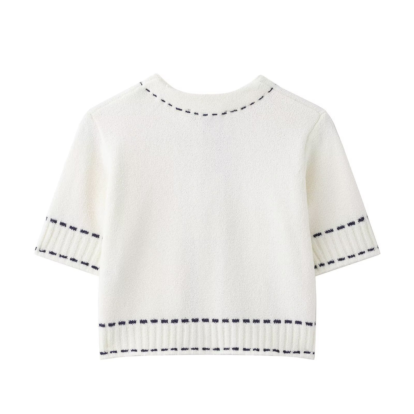 Willow | Contrast Stitch Round Neck Short Sleeve Patch Pocket Cropped Knit Cardigan
