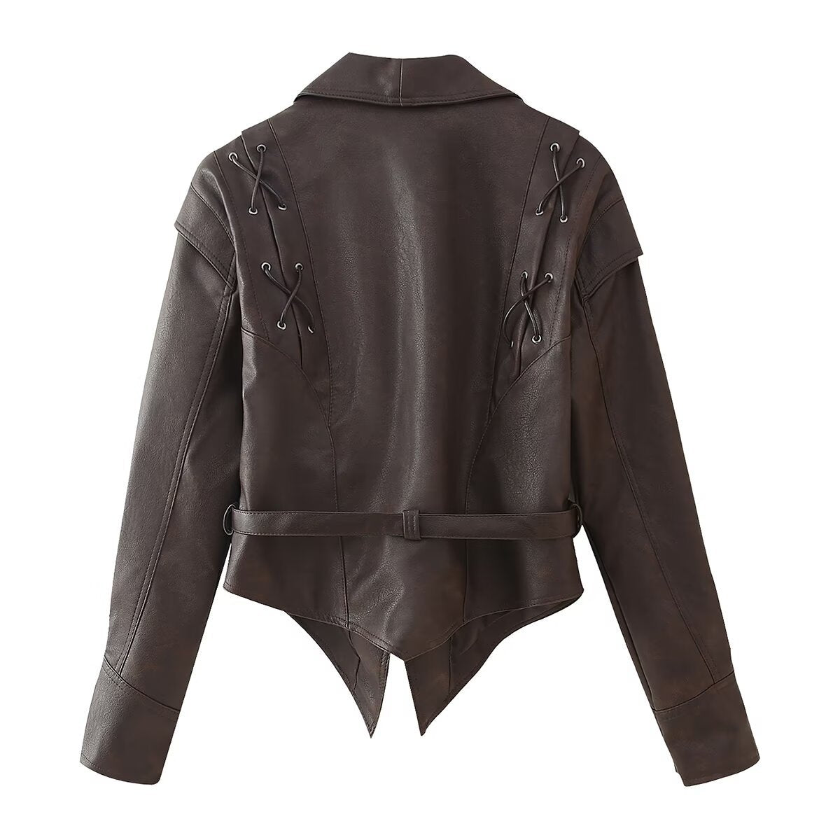 Camille | Leather Jacket Brown Belted Shawl Collar Fitted
