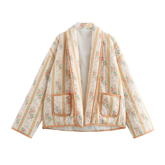 Edie | Quilted Jacket Cream Light Blue Floral Patchwork Long Sleeve