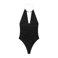 Margot | Metal Choker Halter Top with Ruching in Black & Brown