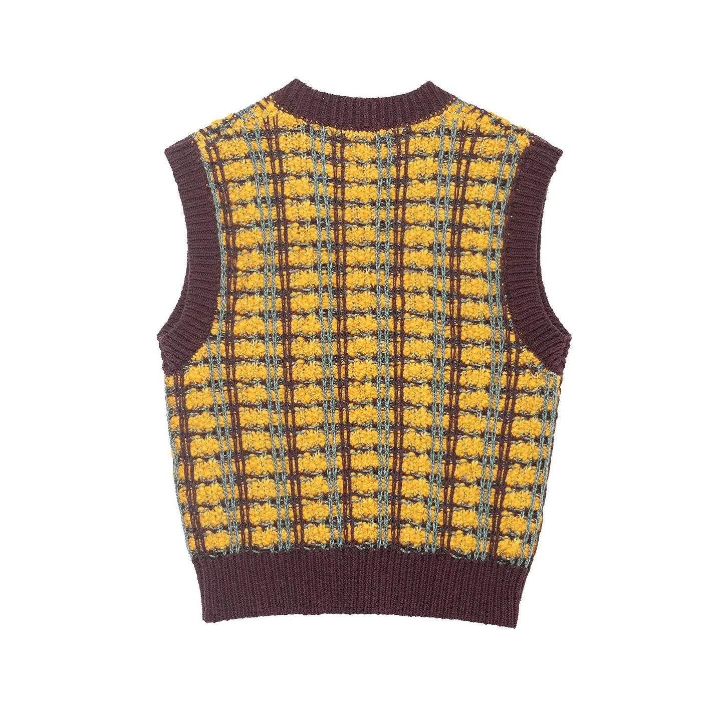 Sia | Knitted Vest Top Yellow Purple Sleeveless V Neck Check Pattern