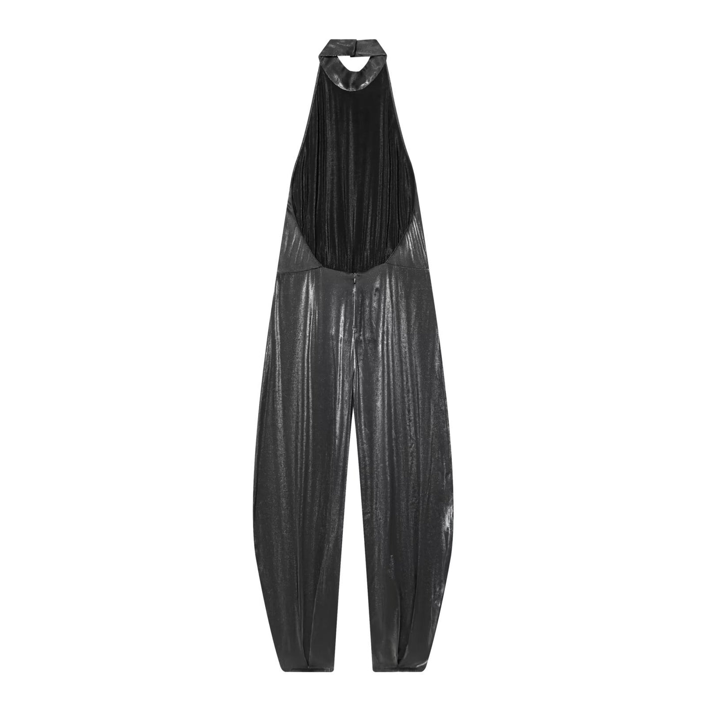Ayla | High Halter Neck Cinched Waist Metallic Wide-Leg Jumpsuit in Black