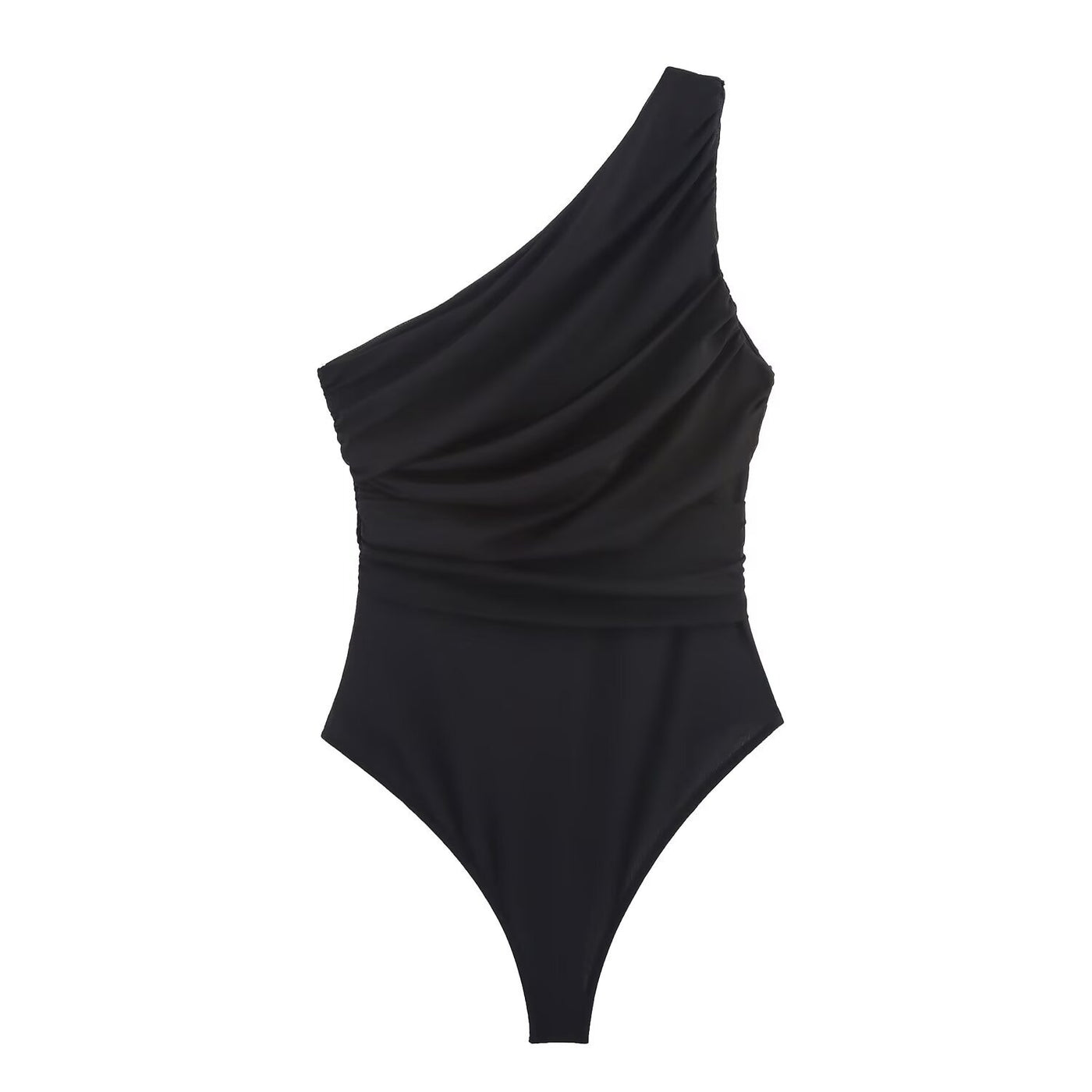 Blythe | One Shoulder Asymmetric Drape Sculpting Fitted Jersey Top in Grey Blue, Brown and Black