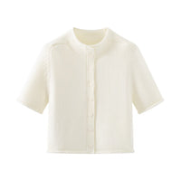 Zoe | Ruffle Stand Collar Button Front Ribbed Cropped Cardigan