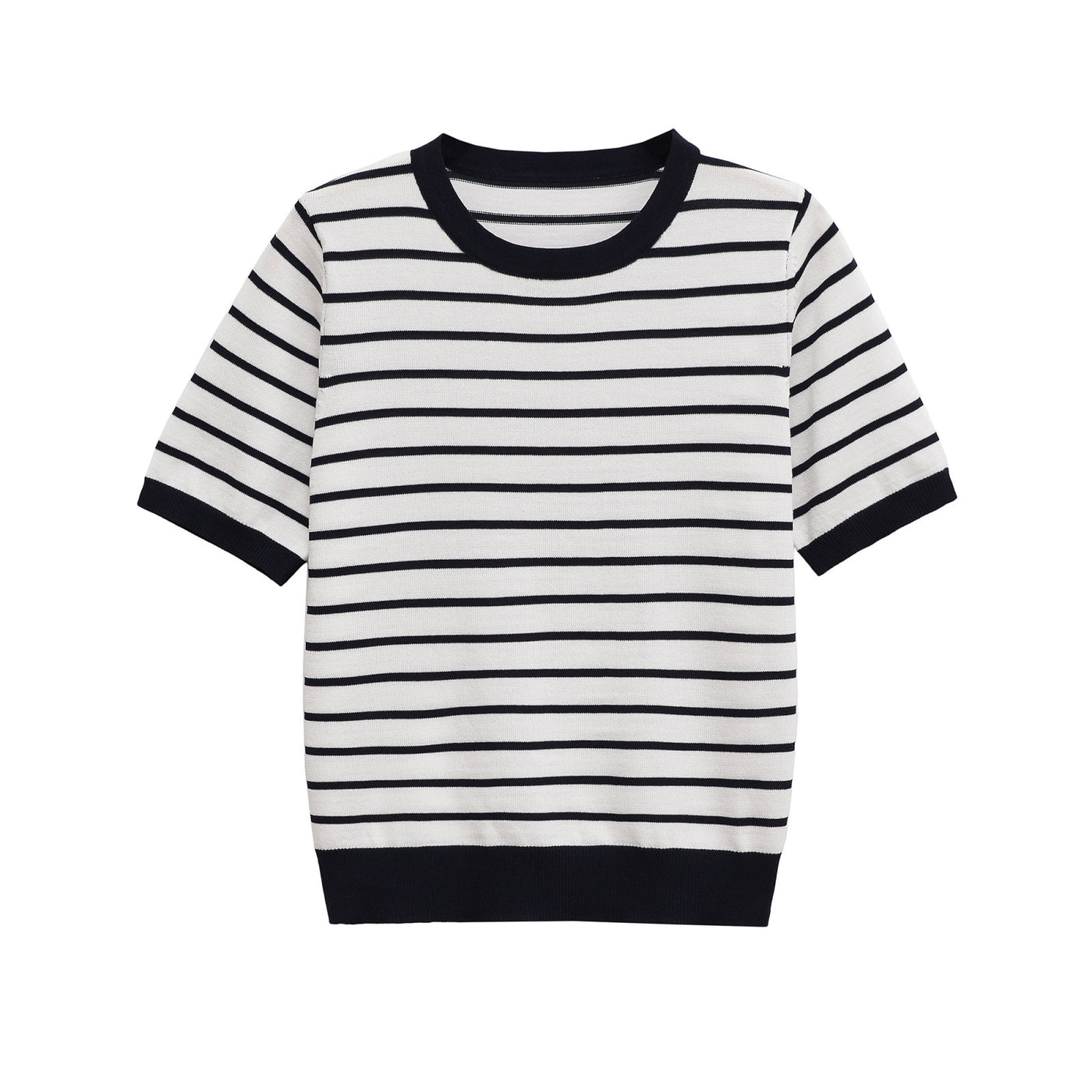 Nora | Black and White Stripe Contrasting Ribbed Trim Fitted Knit Top