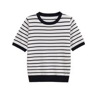 Nora | Black and White Stripe Contrasting Ribbed Trim Fitted Knit Top