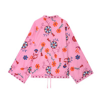 Elsie | Floral Motif Wide Sleeve Open Front Contrast Stripe Lining Cotton Kimono