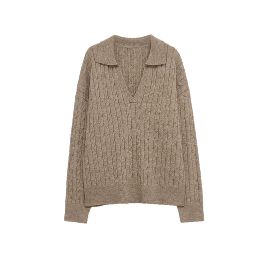 Eleanor | Brown Cosy Cable Knit V-Neck Polo Jumper