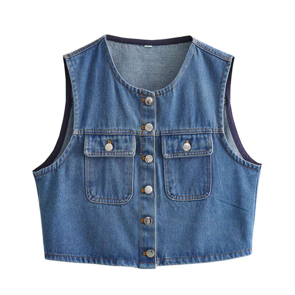 Sia | Cropped Vest Top Blue Denim Sleeveless Button Front Pockets