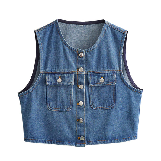 Sia | Cropped Vest Top Blue Denim Sleeveless Button Front Pockets