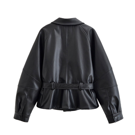 Lena | Leather Jacket Black Belted Cropped