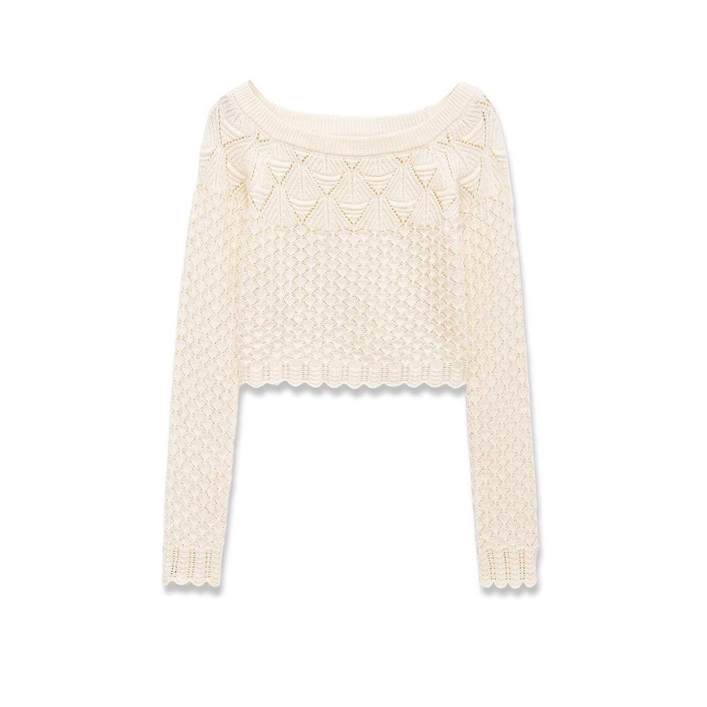Freya | Wide Boat Neck Scallop Trim Open Crochet Crop Top