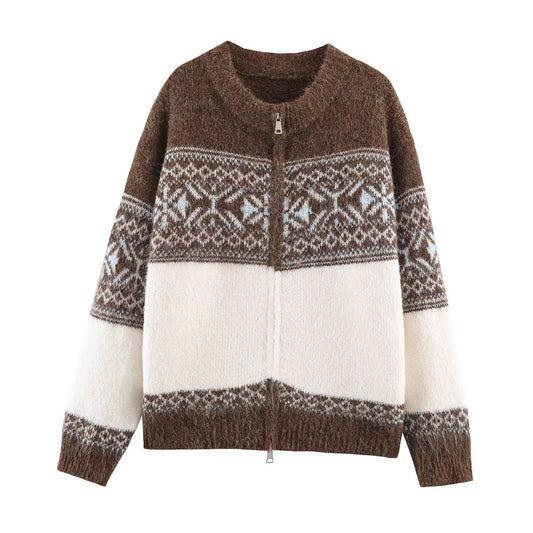 Kira | Winter Knitted Cardigan Brown Cream Fair Isle Zip Up