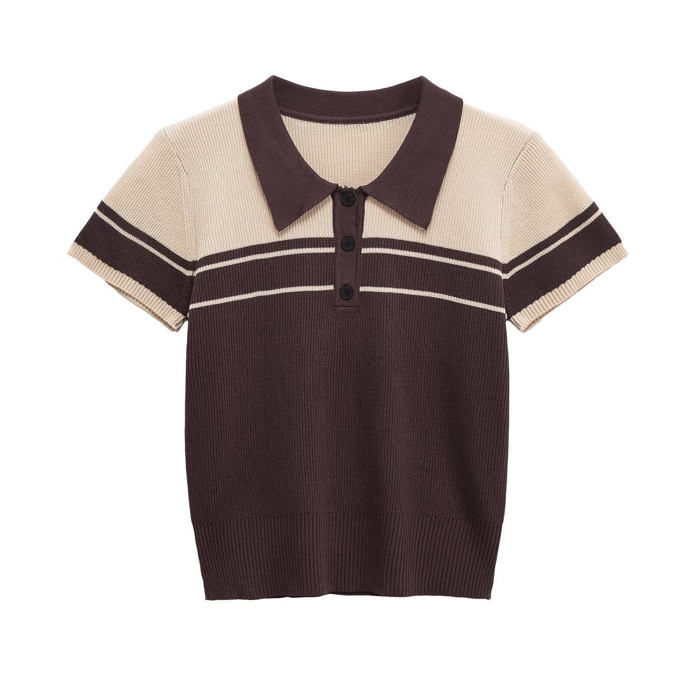 Hattie | Colour Block Stripe Ribbed Polo Crop Top in Brown