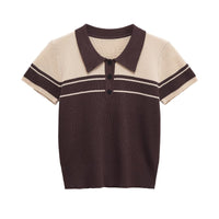 Hattie | Colour Block Stripe Ribbed Polo Crop Top in Brown
