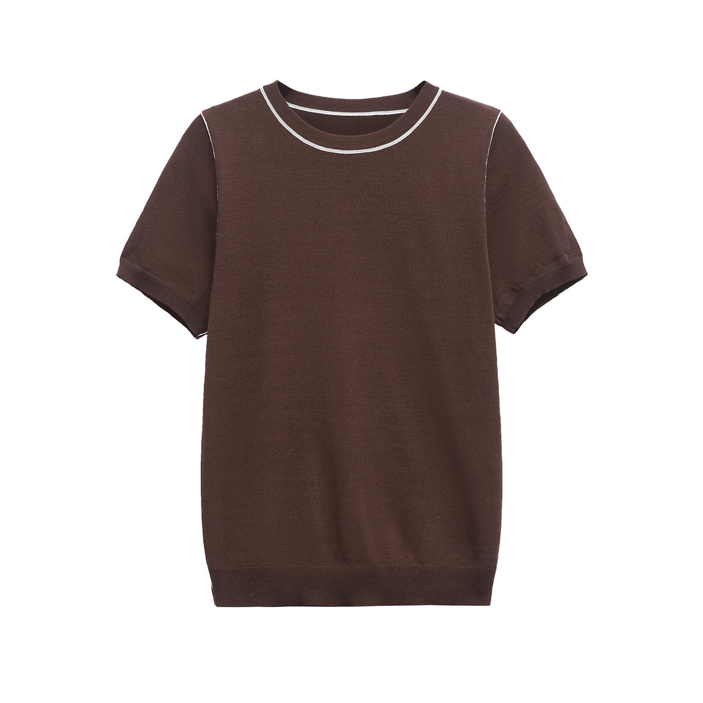 Briar | Knitted Top Brown Short Sleeve Crew Neck Contrast Trim