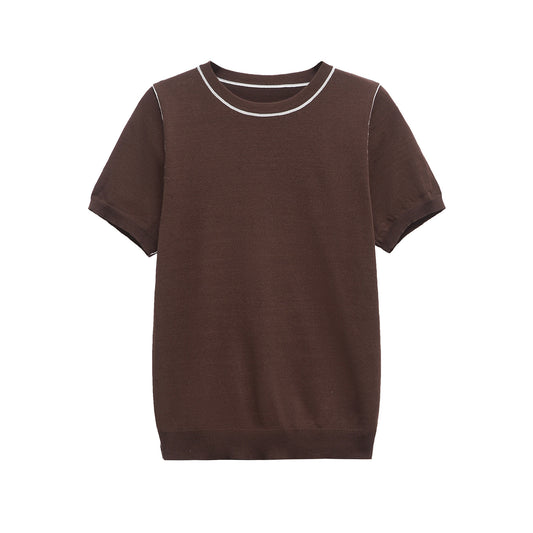 Briar | Knitted Top Brown Short Sleeve Crew Neck Contrast Trim